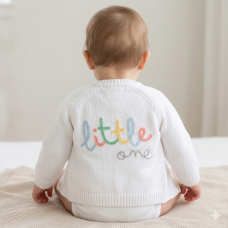G10848NB: Baby White Cotton Knit Cardigan With Embroidery Detail- Little One (0-12 Months)
