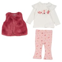 G10878INF: Baby Girls Faux Fur Gilet, Top & Legging Outfit (12-24 Months)