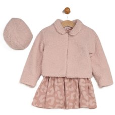 G10939TOD: Girls Boucle Fur Jacket & Beret With Crepe Jersey Dress (2-4 Years)