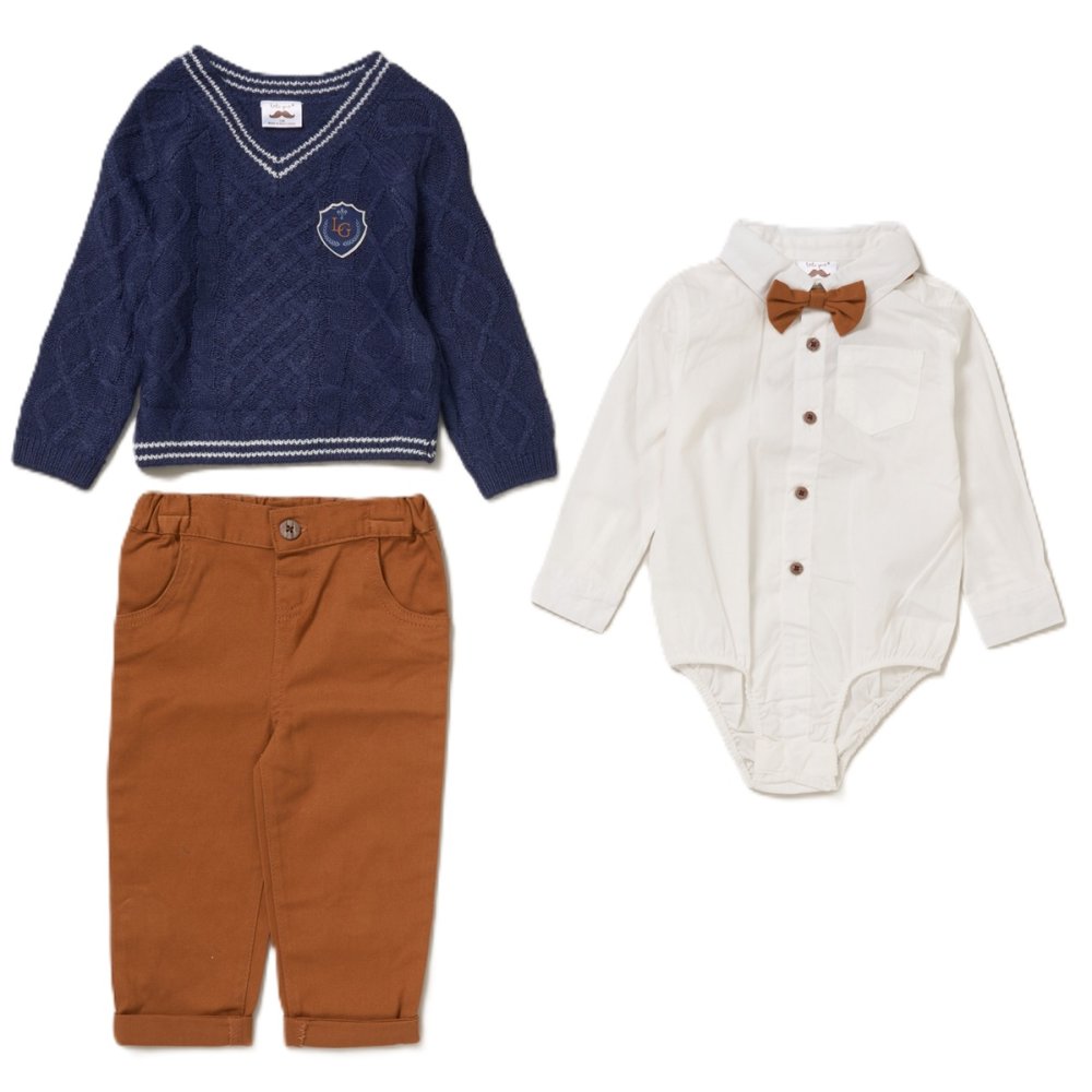 G10993INF: Baby Boys Knitted Jumper, Bodysuit Shirt With Bow Tie & Pant Outfit (12-24 Months) G10993INF: Baby Boys Knitted Jumper, Bodysuit Shirt With Bow Tie & Pant Outfit (12-24 Months)