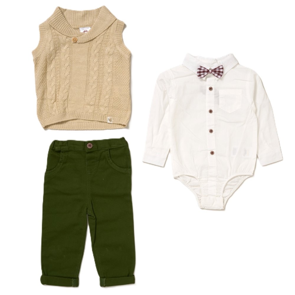 G10999INF: Baby Boys Knitted Vest, Bodysuit Shirt With Bow Tie & Pant Outfit (12-24 Months) G10999INF: Baby Boys Knitted Vest, Bodysuit Shirt With Bow Tie & Pant Outfit (12-24 Months)