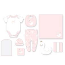 G11038: Baby Girls Swan 10 Piece Mesh Bag Gift Set (NB- 6 Months)