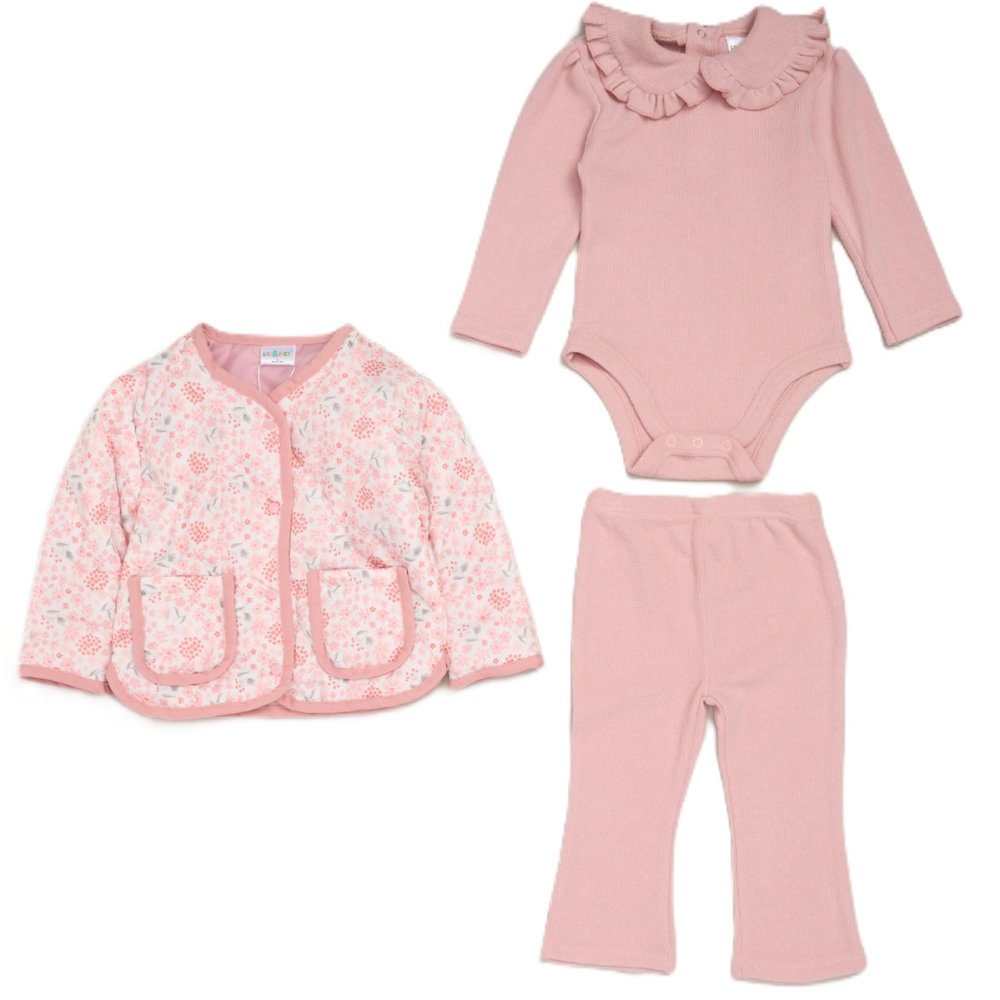 G11169INF: Baby Girls Quilted Jacket, Bodysuit & Jog Pant Outfit (12-24 Months) G11169INF: Baby Girls Quilted Jacket, Bodysuit & Jog Pant Outfit (12-24 Months)