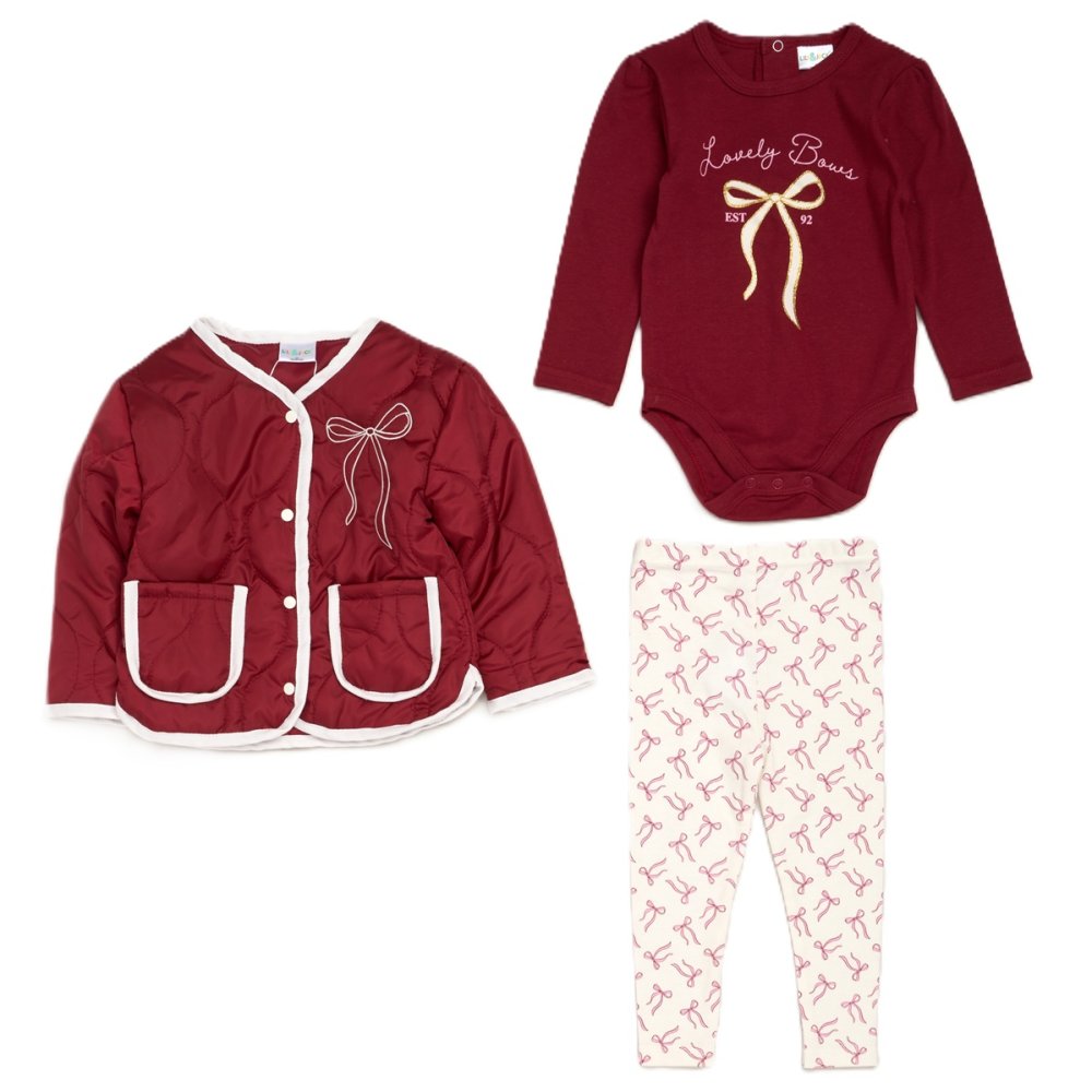 G11189INF: Baby Girls Quilted Jacket, Bodysuit & Jog Pant Outfit (12-24 Months) G11189INF: Baby Girls Quilted Jacket, Bodysuit & Jog Pant Outfit (12-24 Months)