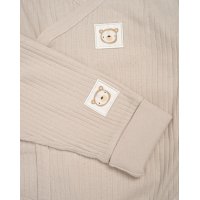 G11395NB: Baby Beige Ribbed Bodysuit & Pant With Silicone Food Catcher Bib, Bowl & Spork Set (9-24 Months)