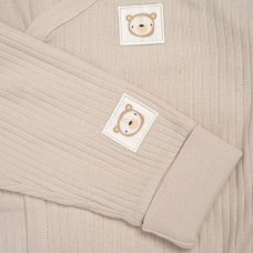 G11395NB: Baby Beige Ribbed Bodysuit & Pant With Silicone Food Catcher Bib, Bowl & Spork Set (9-24 Months)