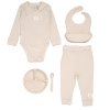 G11395NB: Baby Beige Ribbed Bodysuit & Pant With Silicone Food Catcher Bib, Bowl & Spork Set (9-24 Months)