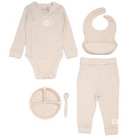 G11395NB: Baby Beige Ribbed Bodysuit & Pant With Silicone Food Catcher Bib, Bowl & Spork Set (9-24 Months)