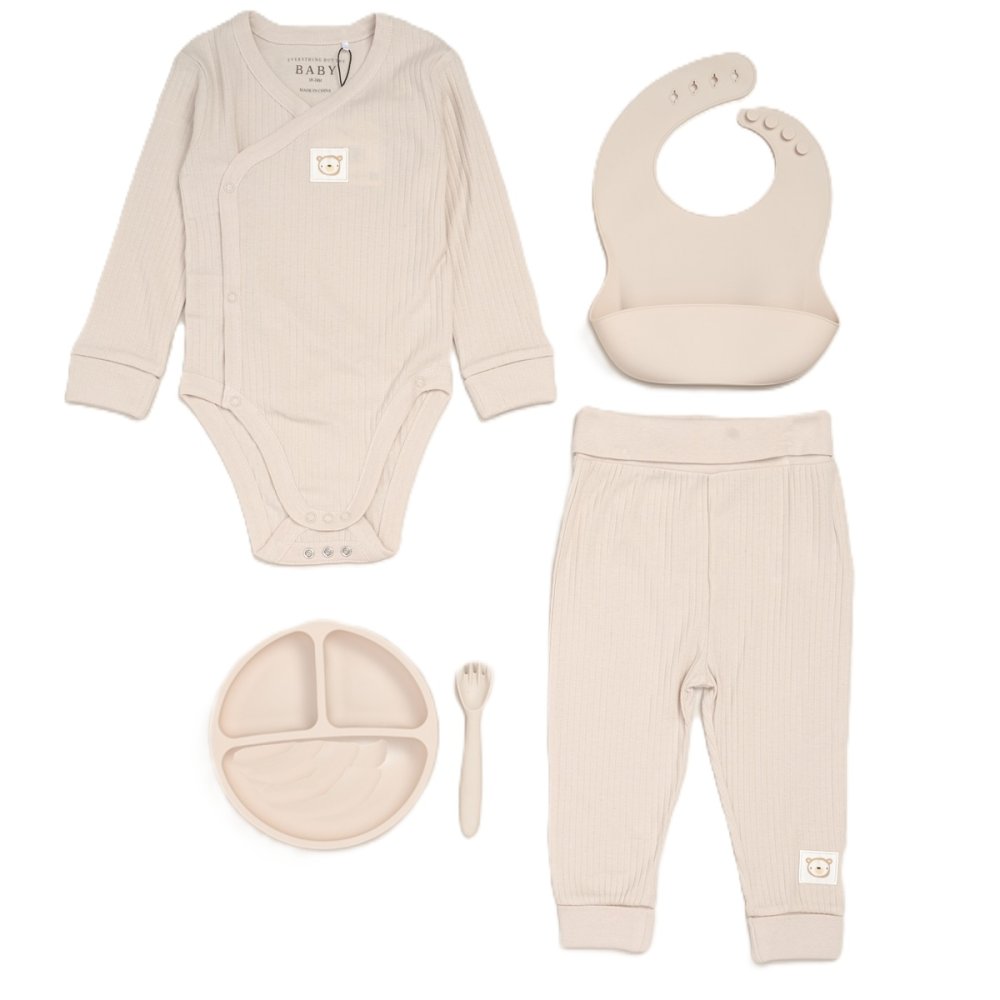 G11395NB: Baby Beige Ribbed Bodysuit & Pant With Silicone Food Catcher Bib, Bowl & Spork Set (9-24 Months) G11395NB: Baby Beige Ribbed Bodysuit & Pant With Silicone Food Catcher Bib, Bowl & Spork Set (9-24 Months)