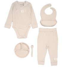 G11395NB: Baby Beige Ribbed Bodysuit & Pant With Silicone Food Catcher Bib, Bowl & Spork Set (9-24 Months)