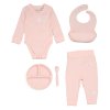 G11397NB: Baby Pink Ribbed Bodysuit & Pant With Silicone Food Catcher Bib, Bowl & Spork Set (9-24 Months)