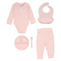 G11397NB: Baby Pink Ribbed Bodysuit & Pant With Silicone Food Catcher Bib, Bowl & Spork Set (9-24 Months)