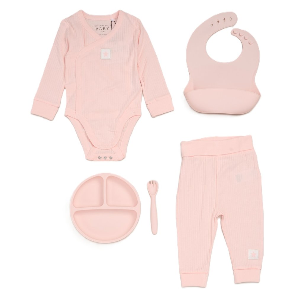G11397NB: Baby Pink Ribbed Bodysuit & Pant With Silicone Food Catcher Bib, Bowl & Spork Set (9-24 Months) G11397NB: Baby Pink Ribbed Bodysuit & Pant With Silicone Food Catcher Bib, Bowl & Spork Set (9-24 Months)