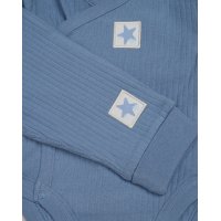 G11399NB: Baby Dusky Blue Ribbed Bodysuit & Pant With Silicone Food Catcher Bib, Bowl & Spork Set (9-24 Months)