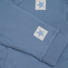 G11399NB: Baby Dusky Blue Ribbed Bodysuit & Pant With Silicone Food Catcher Bib, Bowl & Spork Set (9-24 Months)