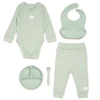 G11400NB: Baby Sage Ribbed Bodysuit & Pant With Silicone Food Catcher Bib, Bowl & Spork Set (9-24 Months)
