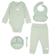 G11400NB: Baby Sage Ribbed Bodysuit & Pant With Silicone Food Catcher Bib, Bowl & Spork Set (9-24 Months)