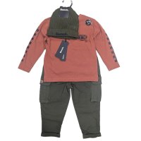 G11491: Boys Bench Top, Denim Cargo Pant & Knitted Beanie Hat Outfit (18 Months-5 Years)