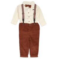 G11526INF: Baby Boys Bodysuit Shirt With Corduroy Bow Tie & Pant With Braces Outfit (12-24 Months)