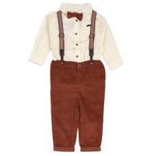 G11526INF: Baby Boys Bodysuit Shirt With Corduroy Bow Tie & Pant With Braces Outfit (12-24 Months)