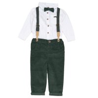 G11527INF: Baby Boys Bodysuit Shirt With Corduroy Bow Tie & Pant With Braces Outfit (12-24 Months)