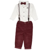 G11528INF: Baby Boys Bodysuit Shirt With Corduroy Bow Tie & Pant With Braces Outfit (12-24 Months)