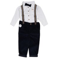 G11530INF: Baby Boys Bodysuit Shirt With Corduroy Bow Tie & Pant With Braces Outfit (12-24 Months)