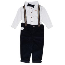 G11530INF: Baby Boys Bodysuit Shirt With Corduroy Bow Tie & Pant With Braces Outfit (12-24 Months)