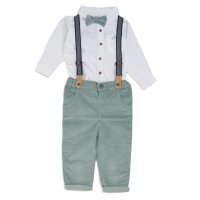 G11531INF: Baby Boys Bodysuit Shirt With Corduroy Bow Tie & Pant With Braces Outfit (12-24 Months)