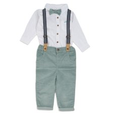G11531INF: Baby Boys Bodysuit Shirt With Corduroy Bow Tie & Pant With Braces Outfit (12-24 Months)