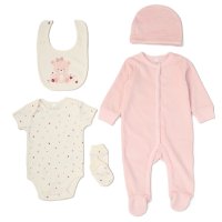 G11726: Baby Girls Bear Ribbed Velour 5 Piece Gift Set (NB-6 Months)