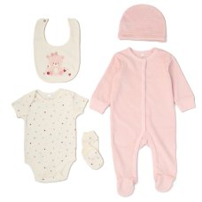 G11726: Baby Girls Bear Ribbed Velour 5 Piece Gift Set (NB-6 Months)