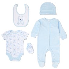 G11778: Baby Boys Bear Ribbed Velour 5 Piece Gift Set (NB-6 Months)