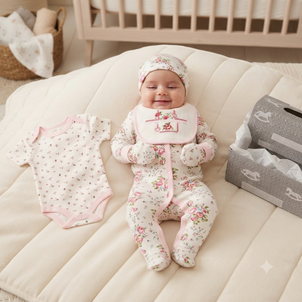 G12005NB: Baby Girls Floral 6 Piece Mesh Bag Gift Set (NB-6 Months) G12005NB: Baby Girls Floral 6 Piece Mesh Bag Gift Set (NB-6 Months)
