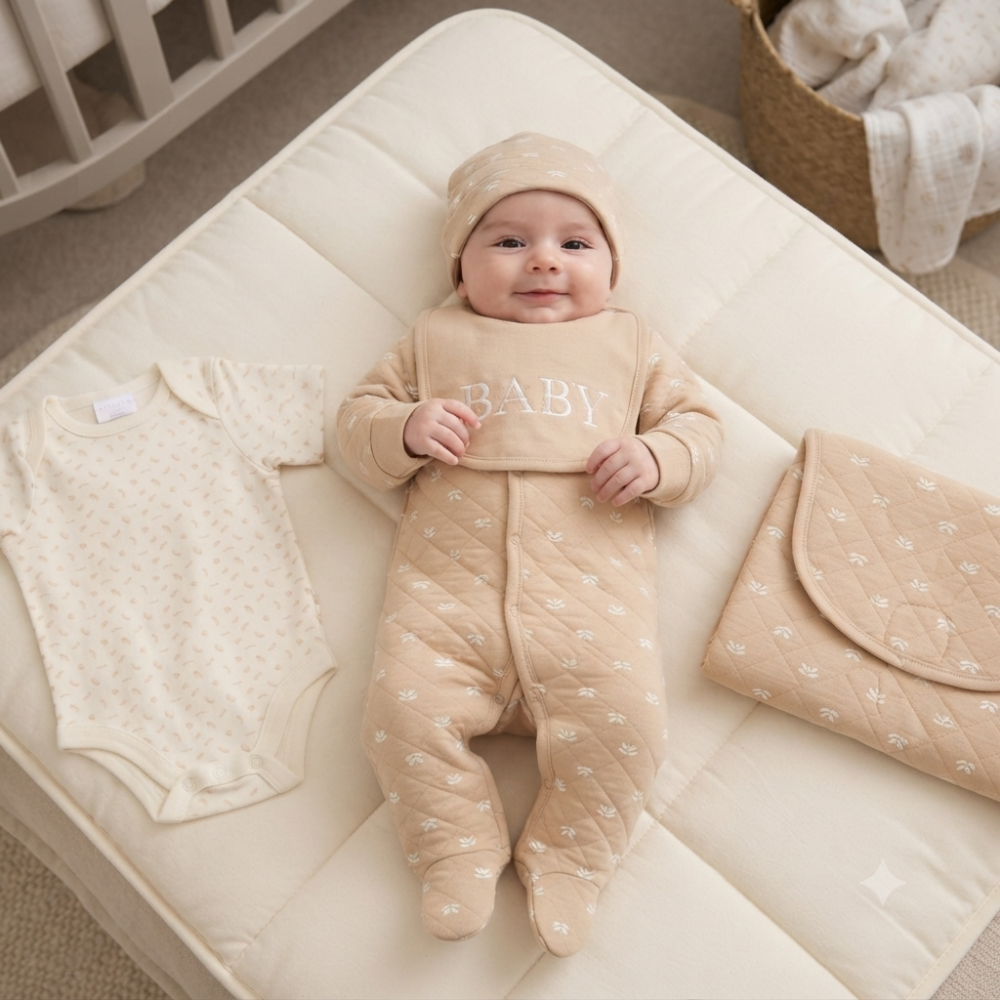 G12265NB: Baby Beige Quilted 5 Piece Mesh Bag Gift Set Including Foldable Changing Mat (NB-6 Months) G12265NB: Baby Beige Quilted 5 Piece Mesh Bag Gift Set Including Foldable Changing Mat (NB-6 Months)