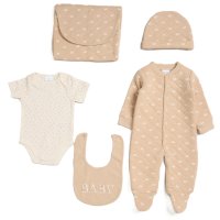 G12265NB: Baby Beige Quilted 5 Piece Mesh Bag Gift Set Including Foldable Changing Mat (NB-6 Months)