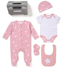 G12404NB: Baby Girls Stars 6 Piece Mesh Bag Gift Set (NB-6 Months)