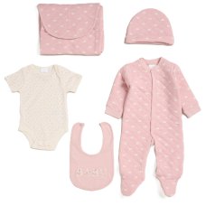 G12462NB: Baby Pink Quilted 5 Piece Mesh Bag Gift Set Including Foldable Changing Mat (NB-6 Months)