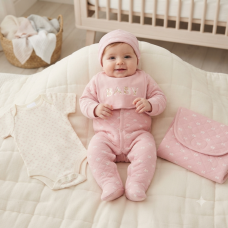 G12462NB: Baby Pink Quilted 5 Piece Mesh Bag Gift Set Including Foldable Changing Mat (NB-6 Months)