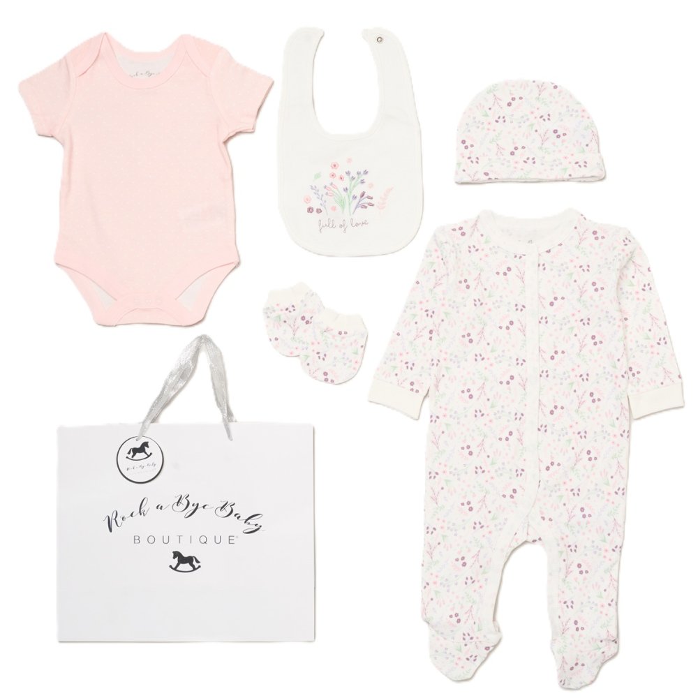 G12559NB: Baby Girls Floral 6 Piece Mesh Bag Gift Set (NB-6 Months) G12559NB: Baby Girls Floral 6 Piece Mesh Bag Gift Set (NB-6 Months)