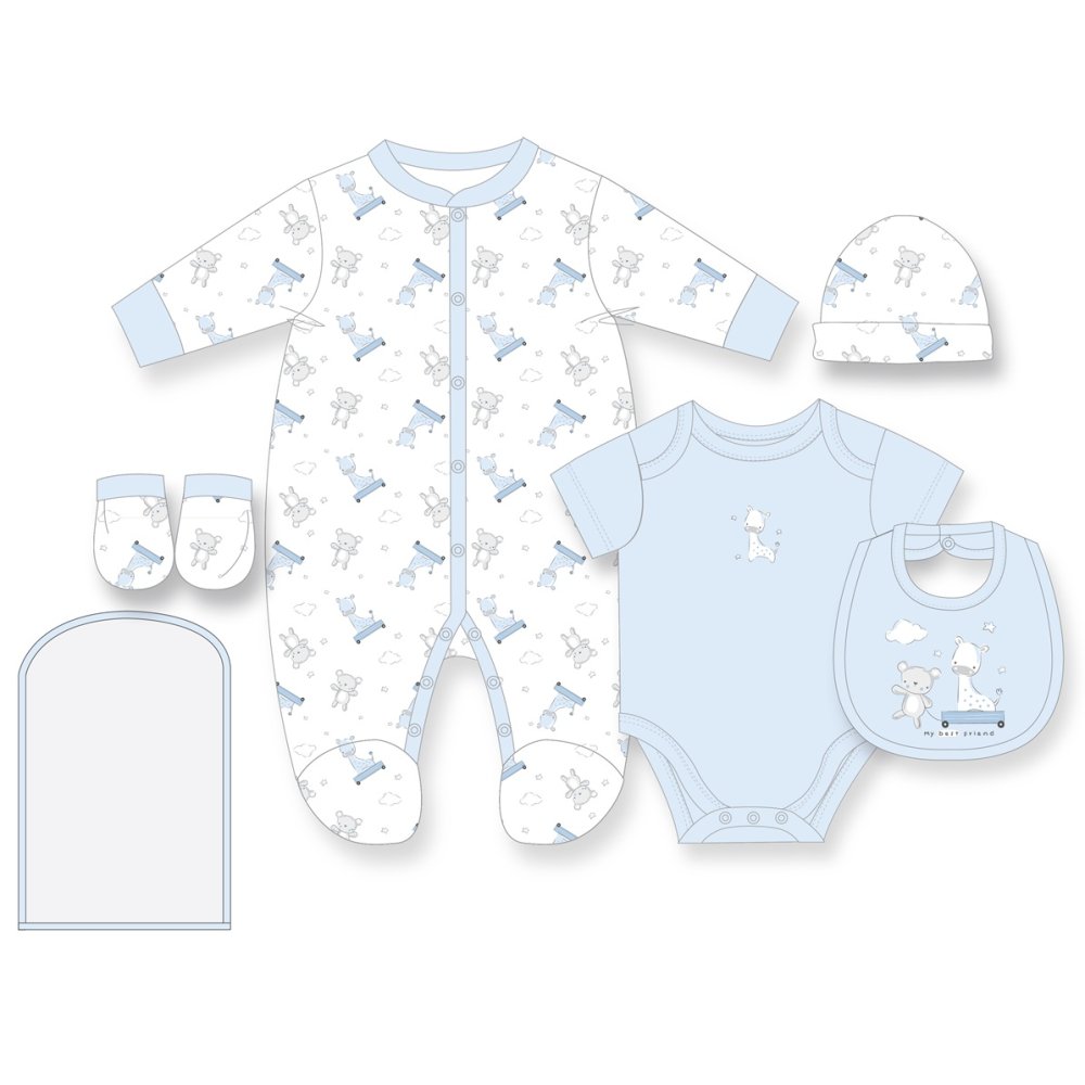 G12583NB: Baby Boys Bear & Giraffe 6 Piece Mesh Bag Gift Set (NB-6 Months) G12583NB: Baby Boys Bear & Giraffe 6 Piece Mesh Bag Gift Set (NB-6 Months)