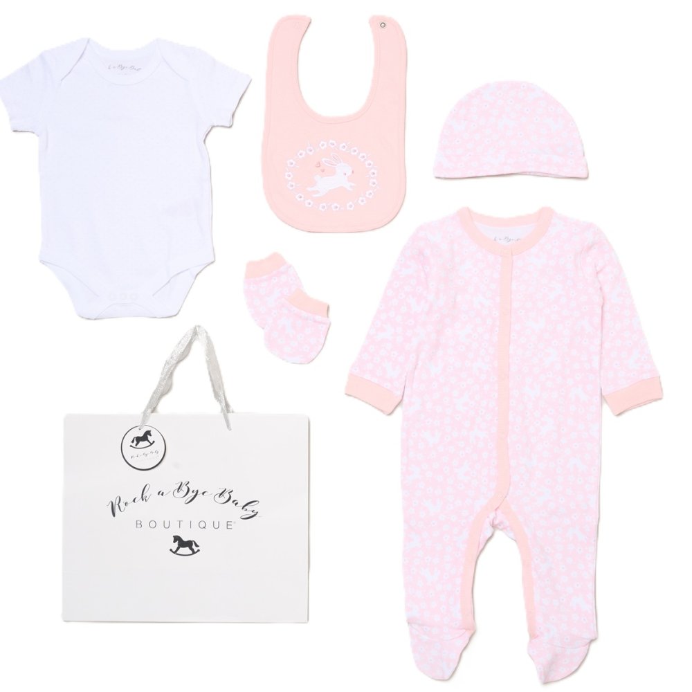 G12586NB: Baby Girls Bunny 6 Piece Mesh Bag Gift Set (NB-6 Months) G12586NB: Baby Girls Bunny 6 Piece Mesh Bag Gift Set (NB-6 Months)