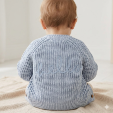 G12760NB: Baby Blue Cotton Knit Cardigan With Embroidery Detail- Hello (0-12 Months)