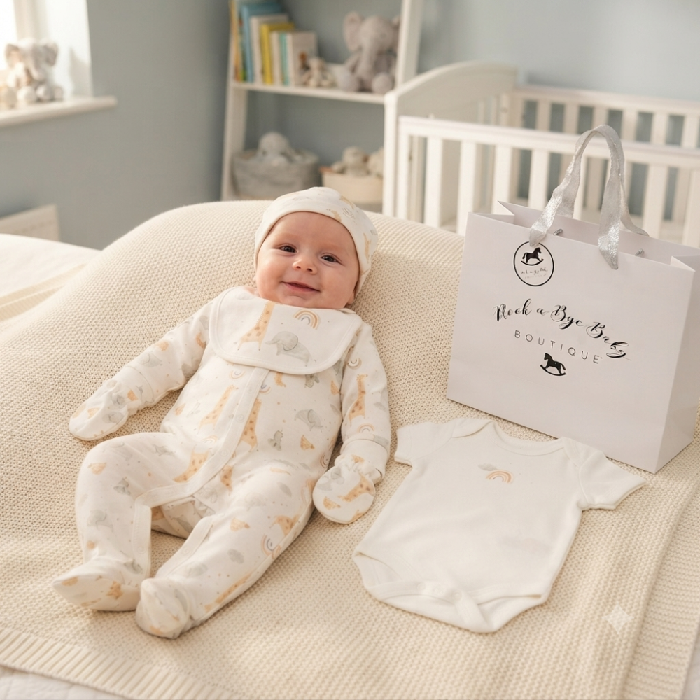 G13160NB: Baby Unisex Giraffe & Elephant 6 Piece Mesh Bag Gift Set (NB-6 Months) G13160NB: Baby Unisex Giraffe & Elephant 6 Piece Mesh Bag Gift Set (NB-6 Months)