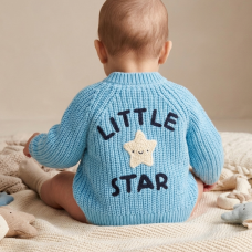 H15237NB: Baby Blue Cotton Knit Cardigan With Embroidery Detail-  (0-12 Months)