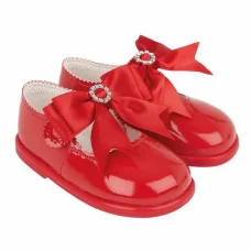 H035: Baby Girls Bow & Diamante Hard Soled Shoe-Red (Shoe Sizes: 2-6)