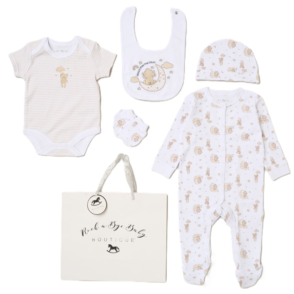 H12679NB: Baby Unisex Reach For The Stars 6 Piece Mesh Bag Gift Set (NB-6 Months) H12679NB: Baby Unisex Reach For The Stars 6 Piece Mesh Bag Gift Set (NB-6 Months)