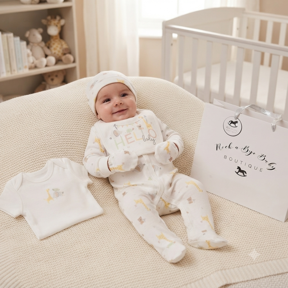 H12681NB: Baby Unisex "Hello Baby" 6 Piece Mesh Bag Gift Set (NB-6 Months) H12681NB: Baby Unisex "Hello Baby" 6 Piece Mesh Bag Gift Set (NB-6 Months)