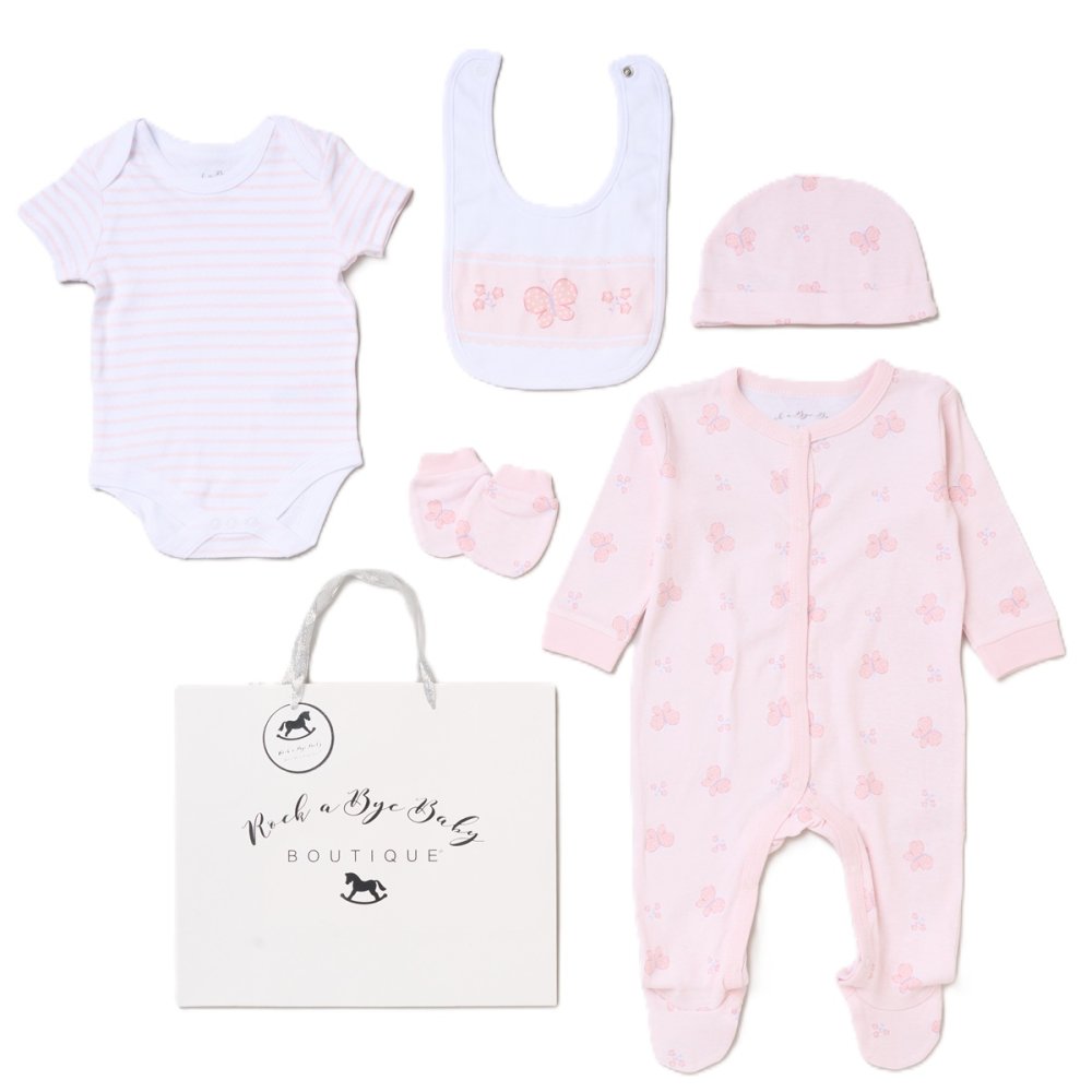 H12685NB: Baby Girls Butterflies 6 Piece Mesh Bag Gift Set (NB-6 Months) H12685NB: Baby Girls Butterflies 6 Piece Mesh Bag Gift Set (NB-6 Months)