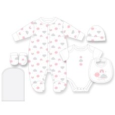 H12759NB: Baby Girls Happy Little Baby 6 Piece Mesh Bag Gift Set (NB-6 Months)